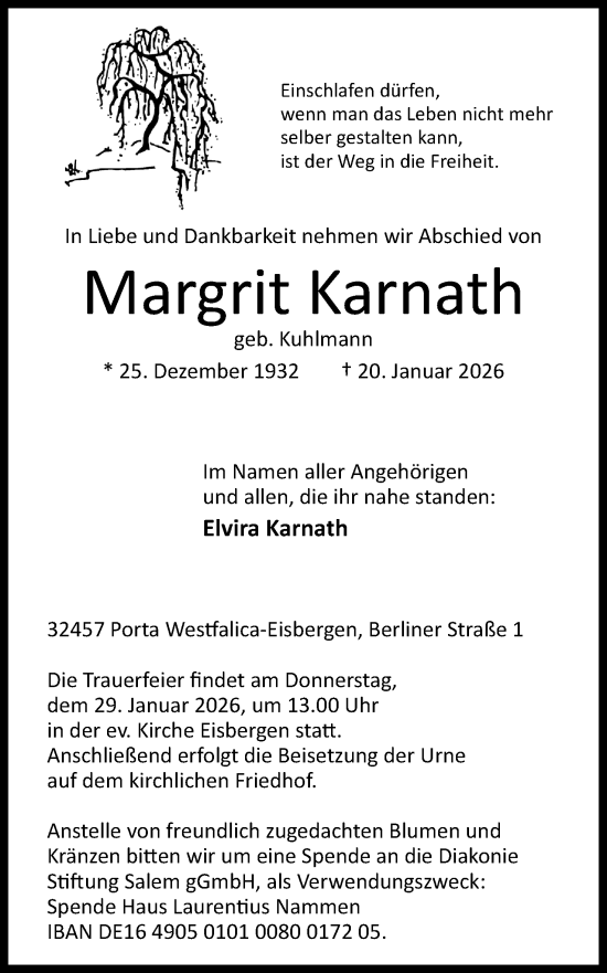 Anzeige von Margrit Karnath von Mindener Tageblatt