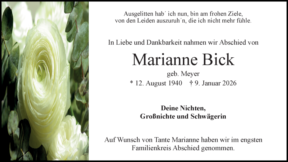  Traueranzeige für Marianne Bick vom 31.01.2026 aus Mindener Tageblatt