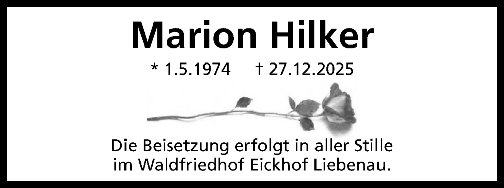  Traueranzeige für Marion Hilker vom 10.01.2026 aus Mindener Tageblatt