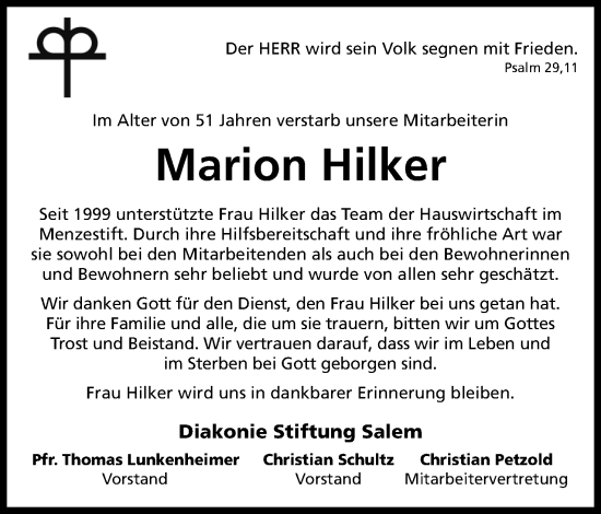 Anzeige von Marion Hilker von Mindener Tageblatt
