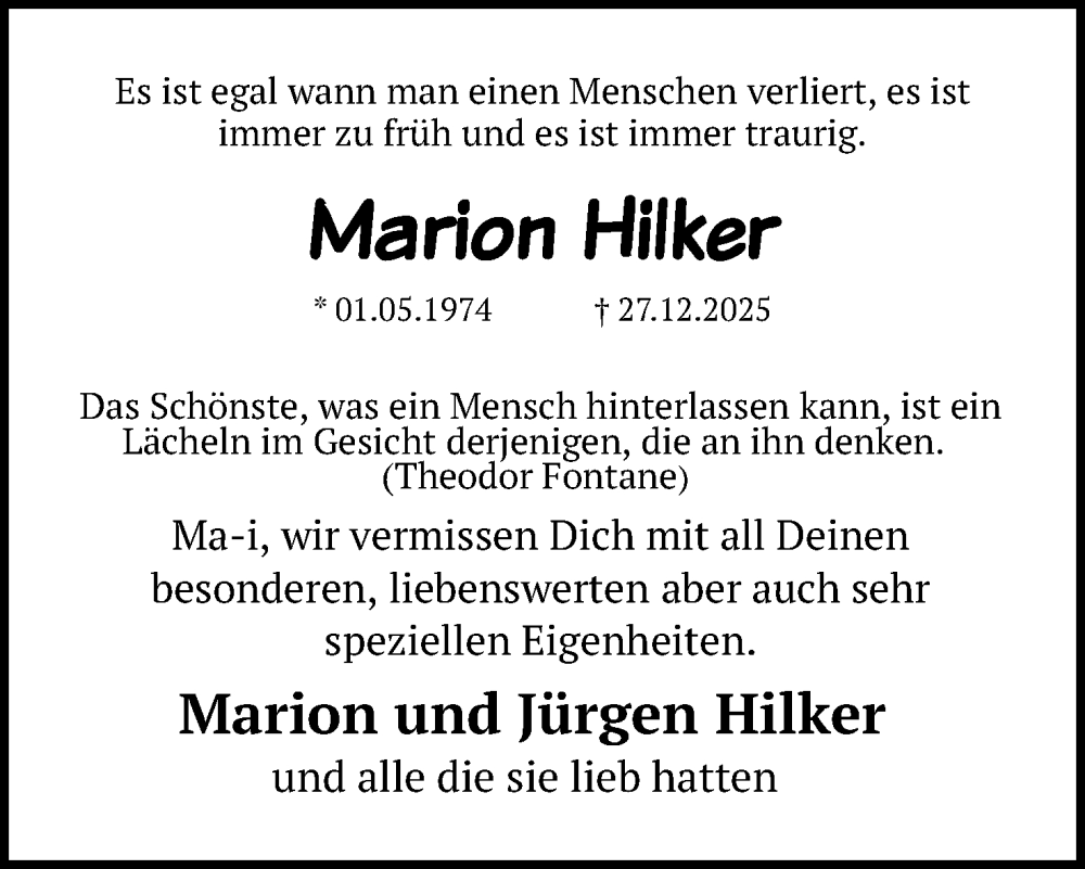  Traueranzeige für Marion Hilker vom 17.01.2026 aus Mindener Tageblatt