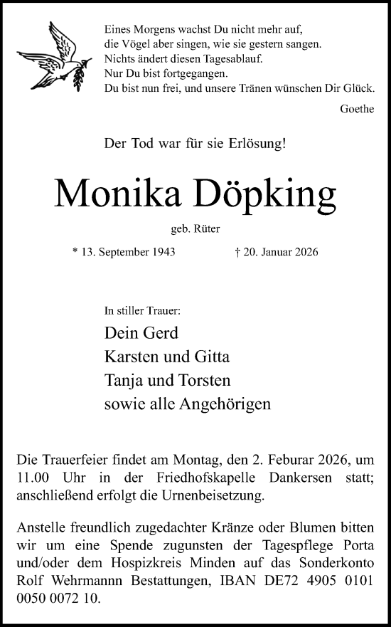 Anzeige von Monika Döpking von Mindener Tageblatt