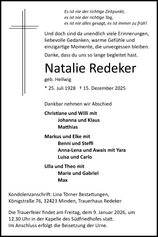 Anzeige von Natalie Redeker von Mindener Tageblatt