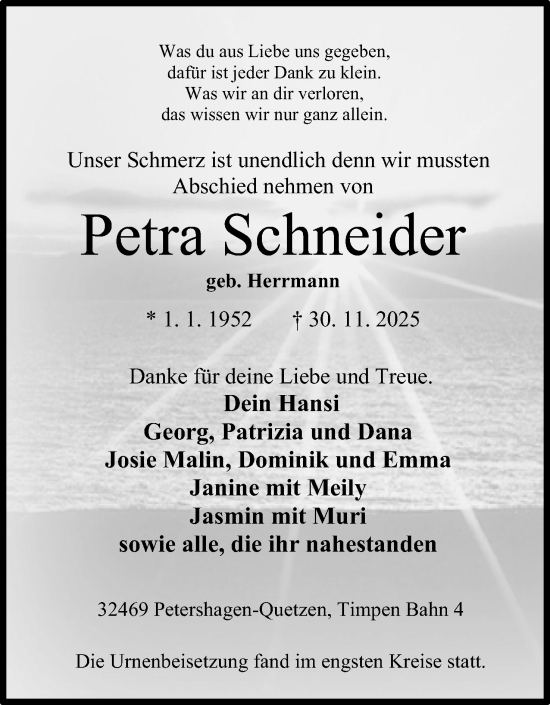 Anzeige von Petra Schneider von Mindener Tageblatt