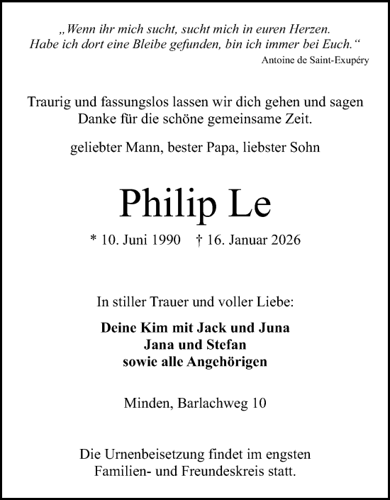 Anzeige von Philip Le von Mindener Tageblatt