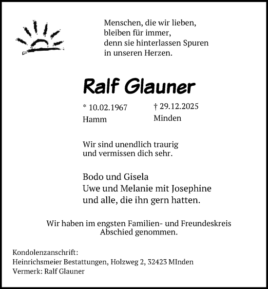 Anzeige von Ralf Glauner von Mindener Tageblatt