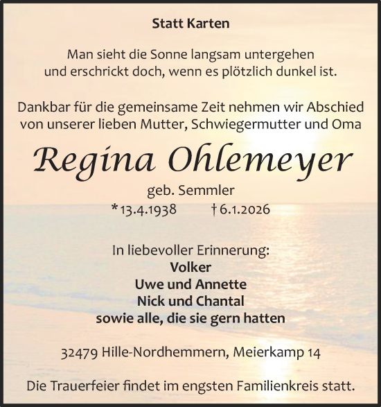 Anzeige von Regina Ohlemeyer von Mindener Tageblatt