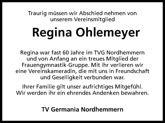 Anzeige von Regina Ohlemeyer von Mindener Tageblatt