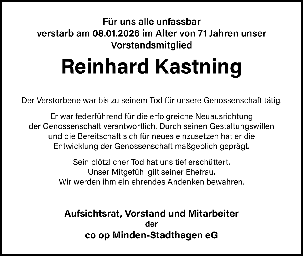  Traueranzeige für Reinhard Kastning vom 24.01.2026 aus Mindener Tageblatt