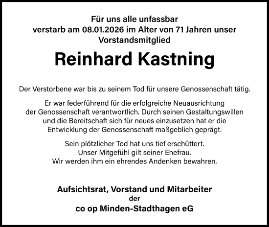 Anzeige von Reinhard Kastning von Mindener Tageblatt