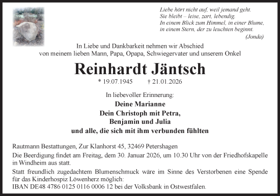 Anzeige von Reinhardt Jäntsch von Mindener Tageblatt