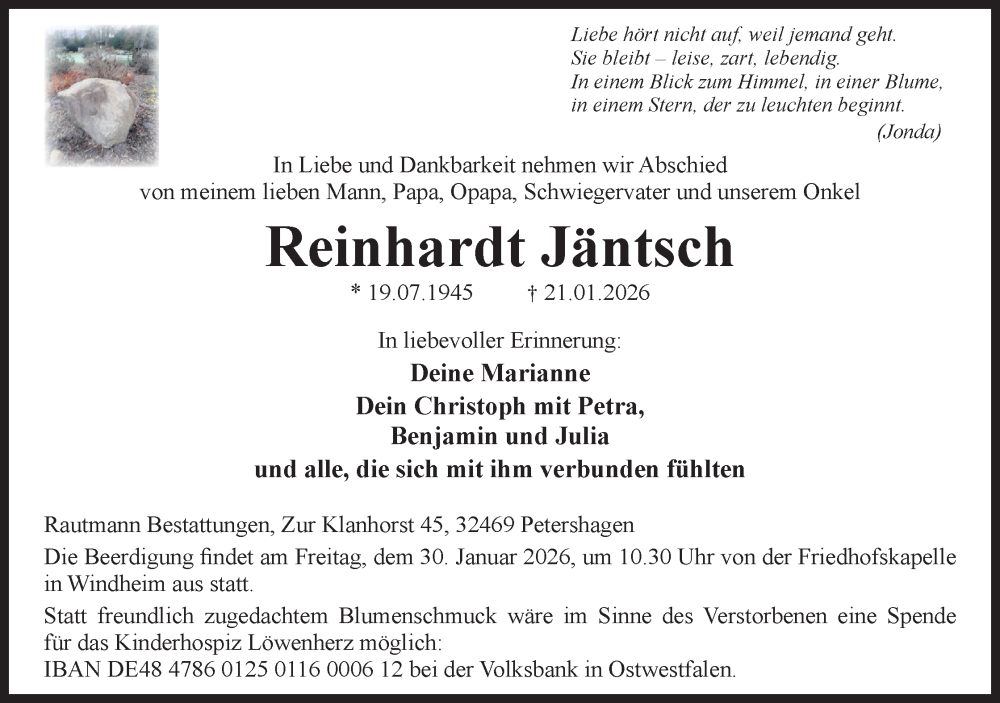  Traueranzeige für Reinhardt Jäntsch vom 24.01.2026 aus Mindener Tageblatt