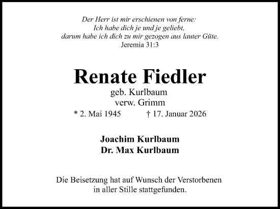 Anzeige von Renate Fiedler von Mindener Tageblatt