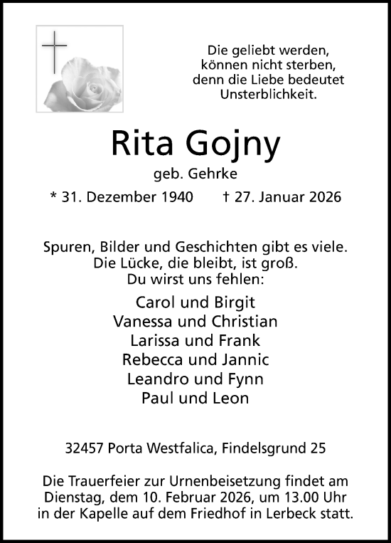 Anzeige von Rita Gojny von Mindener Tageblatt