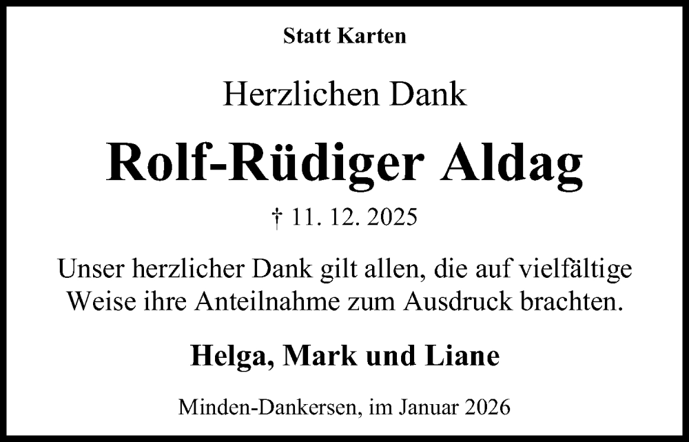  Traueranzeige für Rolf-Rüdiger Aldag vom 10.01.2026 aus Mindener Tageblatt