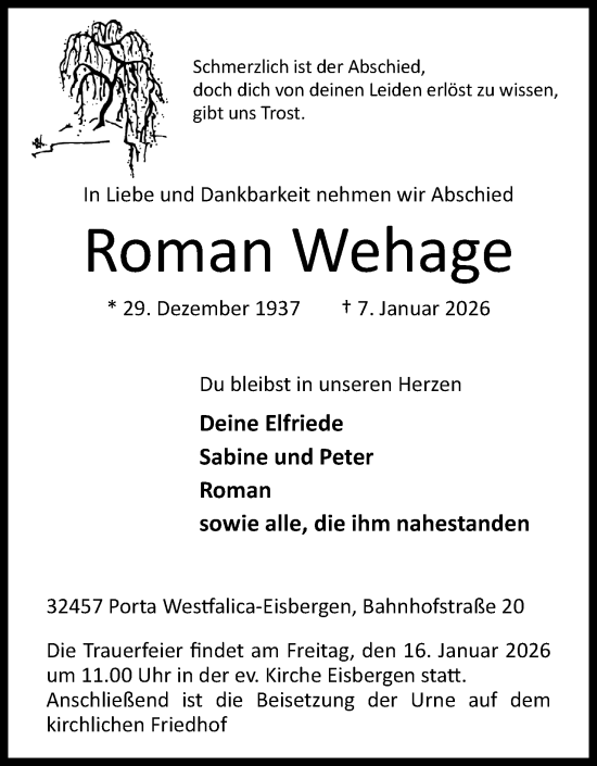 Anzeige von Roman Wehage von Mindener Tageblatt