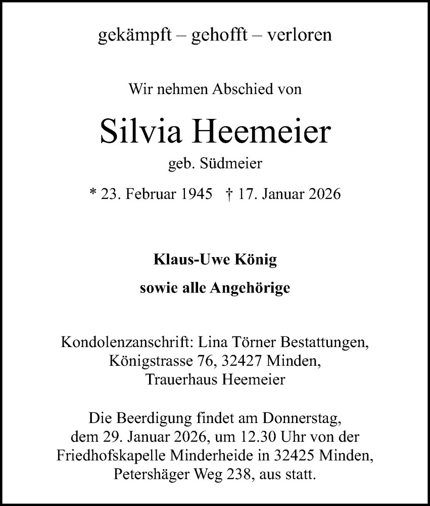  Traueranzeige für Silvia Heemeier vom 24.01.2026 aus Mindener Tageblatt