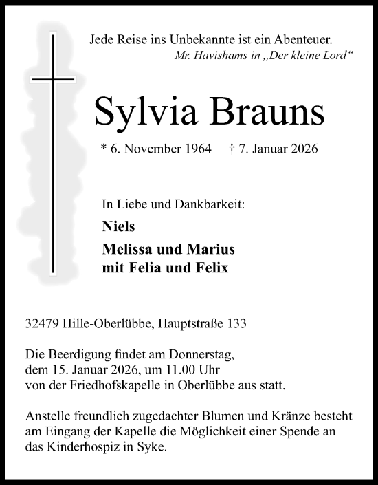 Anzeige von Sylvia Brauns von Mindener Tageblatt