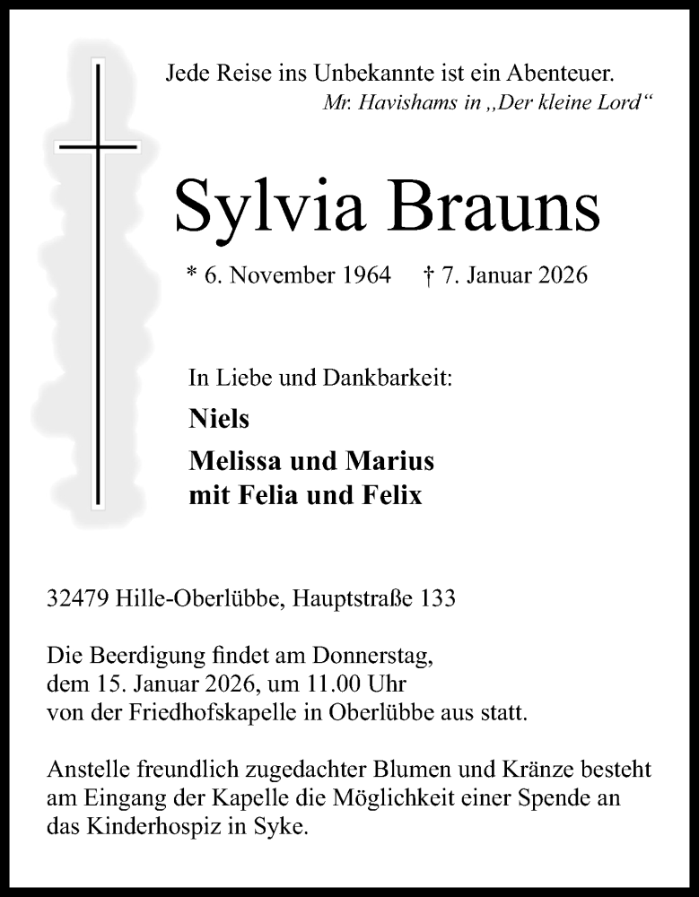  Traueranzeige für Sylvia Brauns vom 10.01.2026 aus Mindener Tageblatt