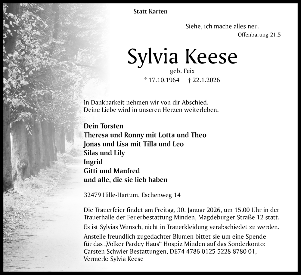  Traueranzeige für Sylvia Keese vom 27.01.2026 aus Mindener Tageblatt