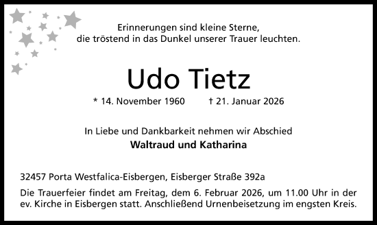 Anzeige von Udo Tietz von Mindener Tageblatt
