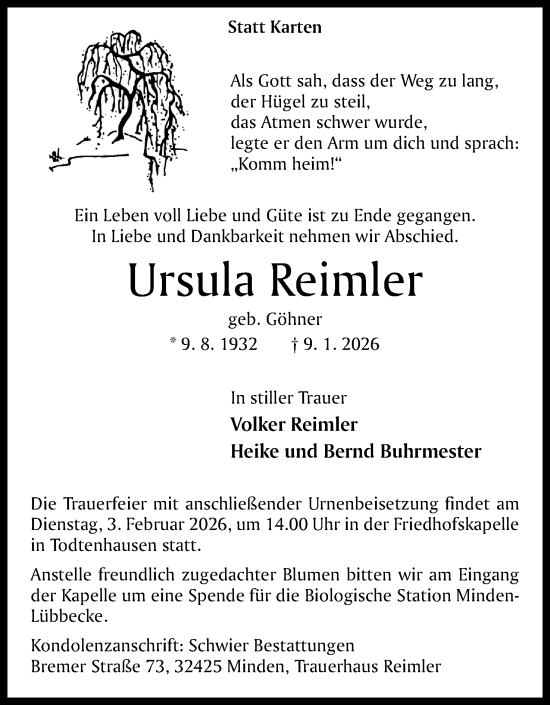 Anzeige von Ursula Reimler von Mindener Tageblatt