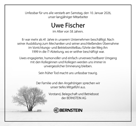 Anzeige von Uwe Fischer von Mindener Tageblatt