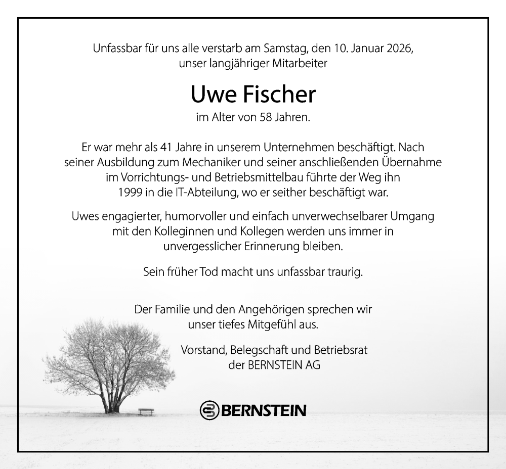  Traueranzeige für Uwe Fischer vom 17.01.2026 aus Mindener Tageblatt