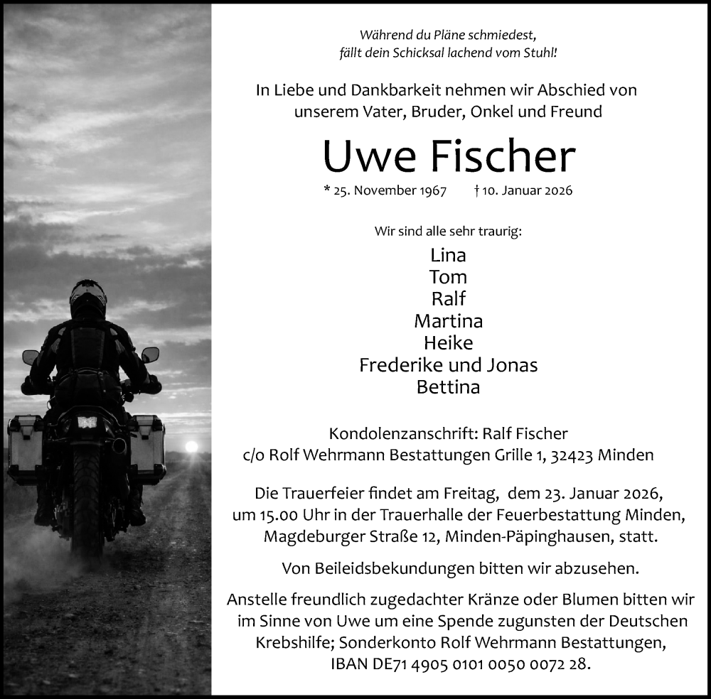  Traueranzeige für Uwe Fischer vom 17.01.2026 aus Mindener Tageblatt