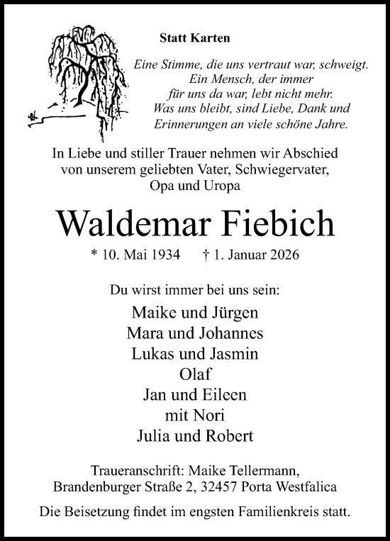 Anzeige von Waldemar Fiebich von Mindener Tageblatt