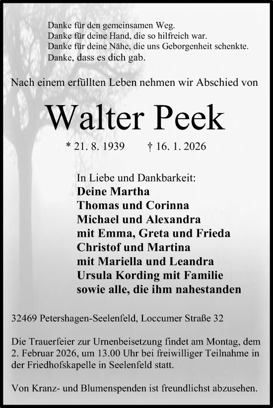 Anzeige von Walter Peek von Mindener Tageblatt