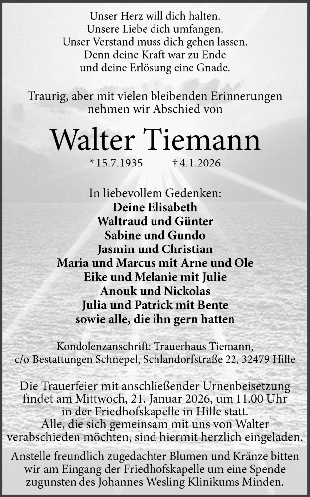  Traueranzeige für Walter Tiemann vom 10.01.2026 aus Mindener Tageblatt