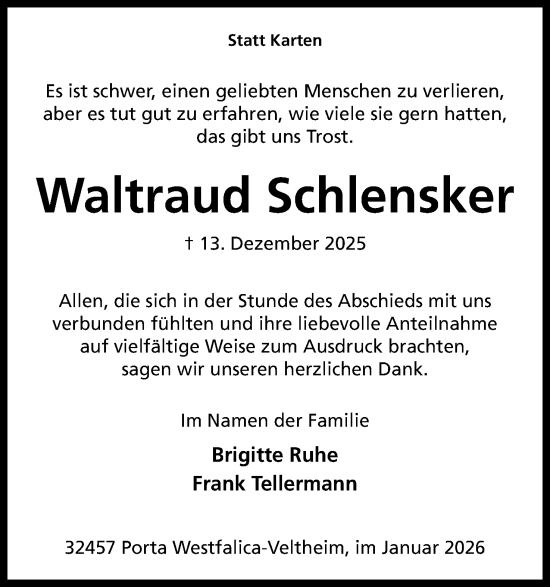 Anzeige von Waltraud Schlensker von Mindener Tageblatt