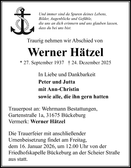 Anzeige von Werner Hätzel von Mindener Tageblatt