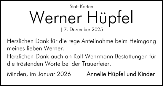 Anzeige von Werner Hüpfel von Mindener Tageblatt