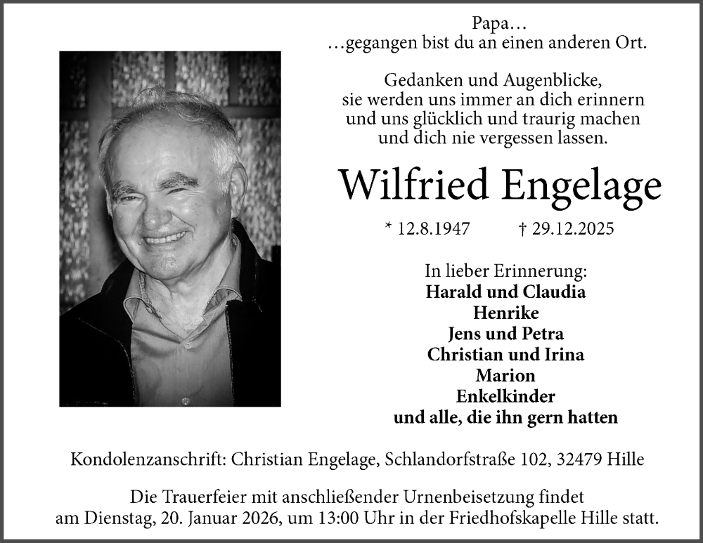  Traueranzeige für Wilfried Engelage vom 17.01.2026 aus Mindener Tageblatt