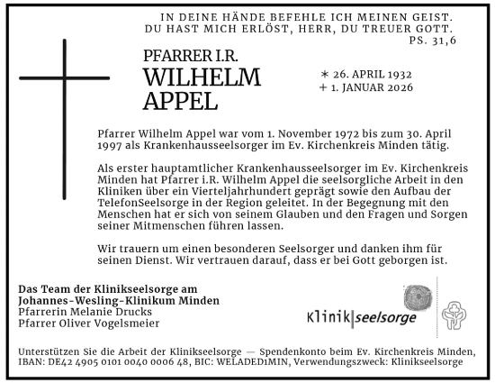 Anzeige von Wilhelm Appel von Mindener Tageblatt