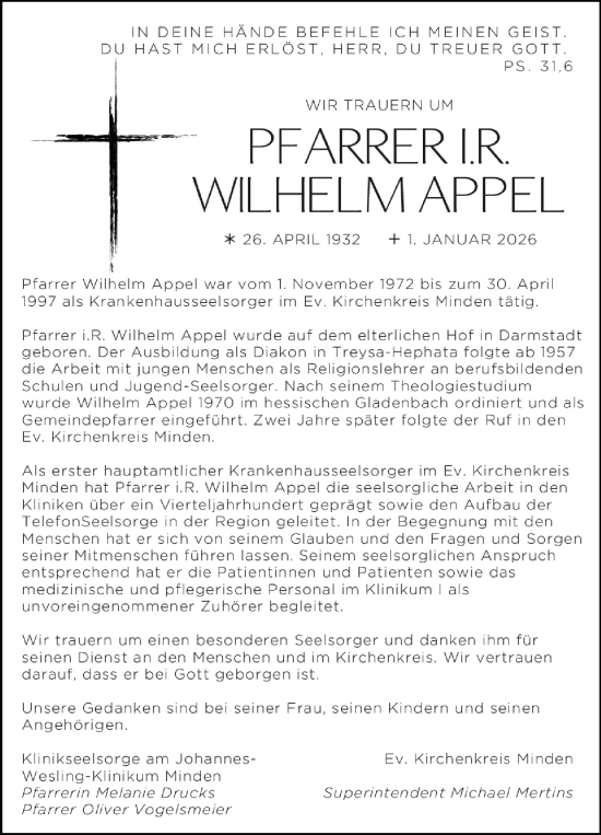 Anzeige von Wilhelm Appel von Mindener Tageblatt
