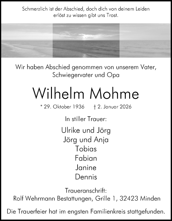 Anzeige von Wilhelm Mohme von Mindener Tageblatt