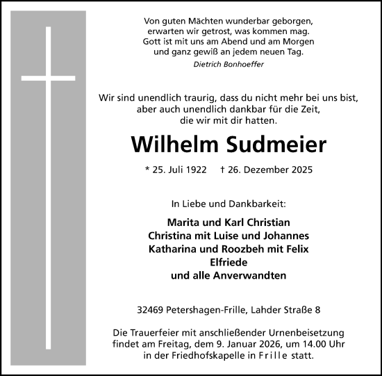 Anzeige von Wilhelm Sudmeier von Mindener Tageblatt