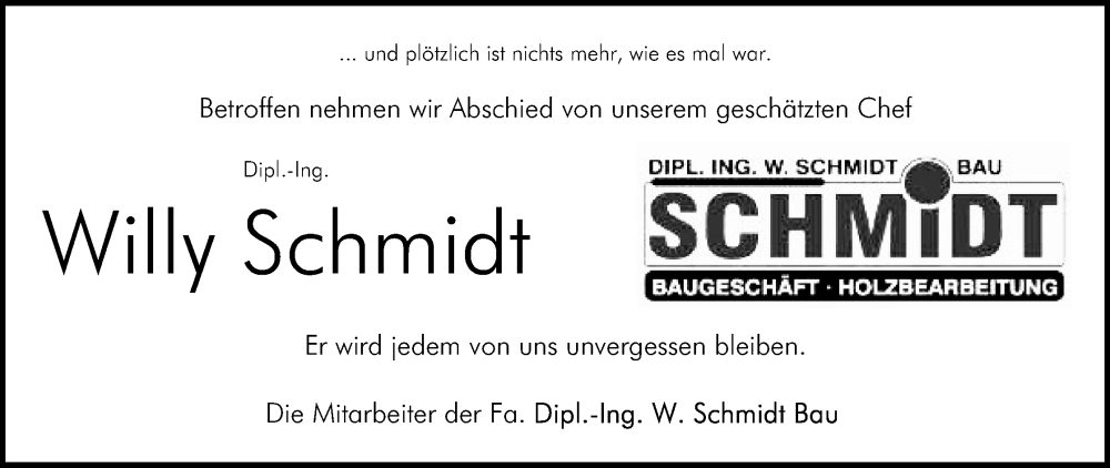  Traueranzeige für Willy Schmidt vom 17.01.2026 aus Mindener Tageblatt