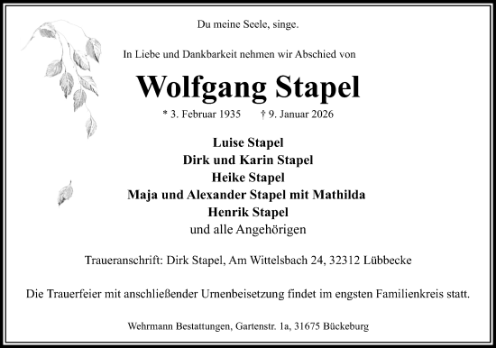 Anzeige von Wolfgang Stapel von Mindener Tageblatt