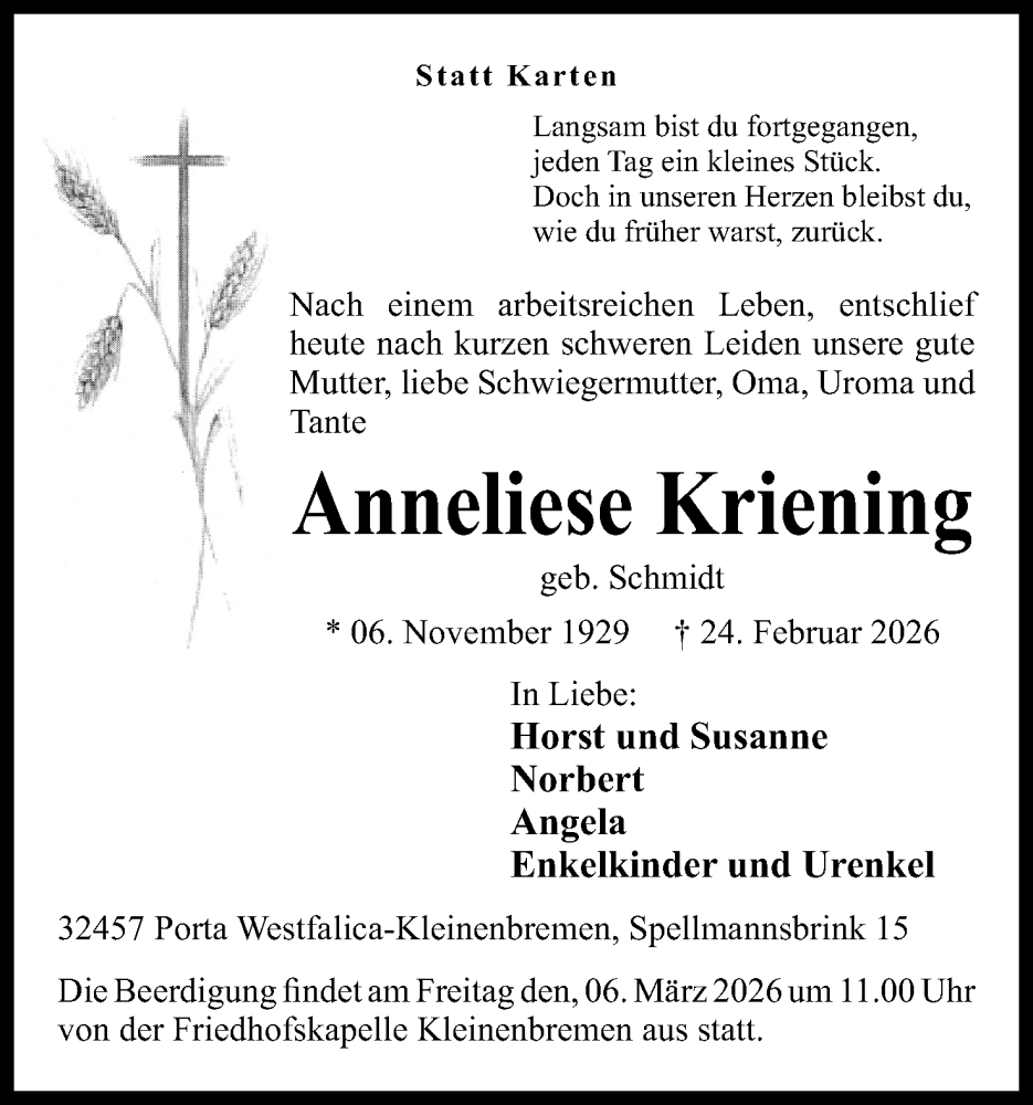  Traueranzeige für Anneliese Kriening vom 28.02.2026 aus Mindener Tageblatt