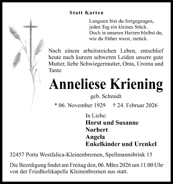 Anzeige von Anneliese Kriening von Mindener Tageblatt