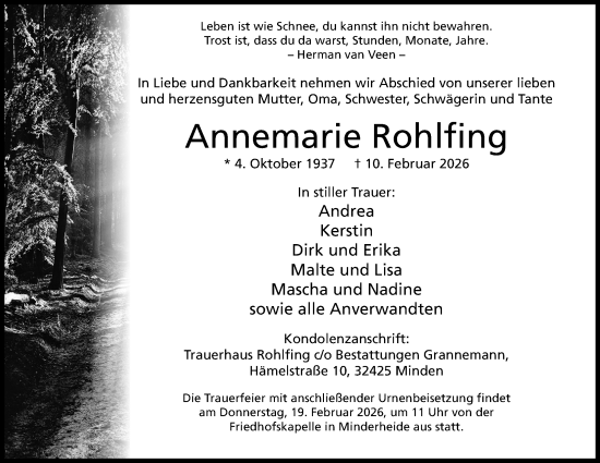 Anzeige von Annemarie Rohlfing von Mindener Tageblatt