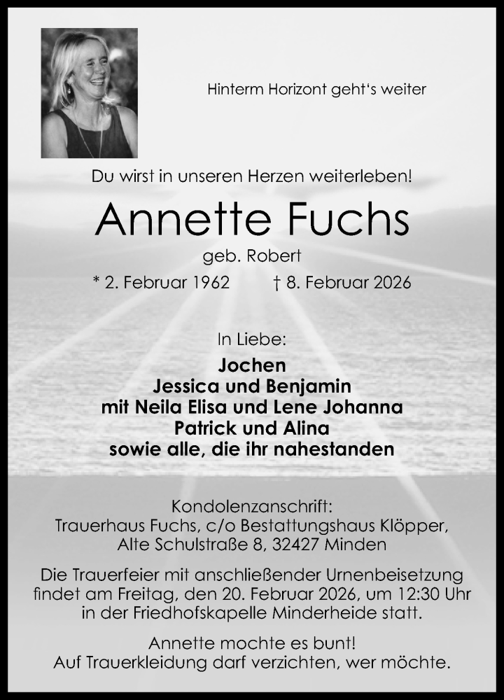  Traueranzeige für Annette Fuchs vom 14.02.2026 aus Mindener Tageblatt