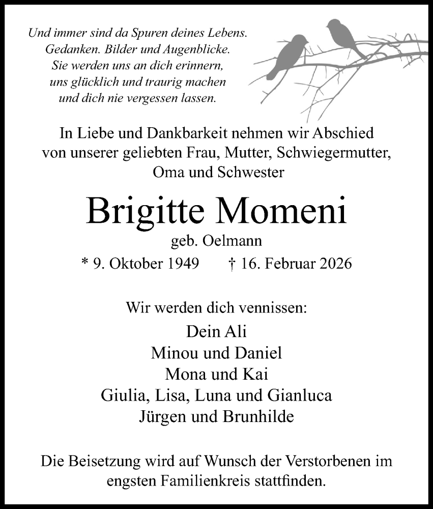  Traueranzeige für Brigitte Momeni vom 21.02.2026 aus Mindener Tageblatt