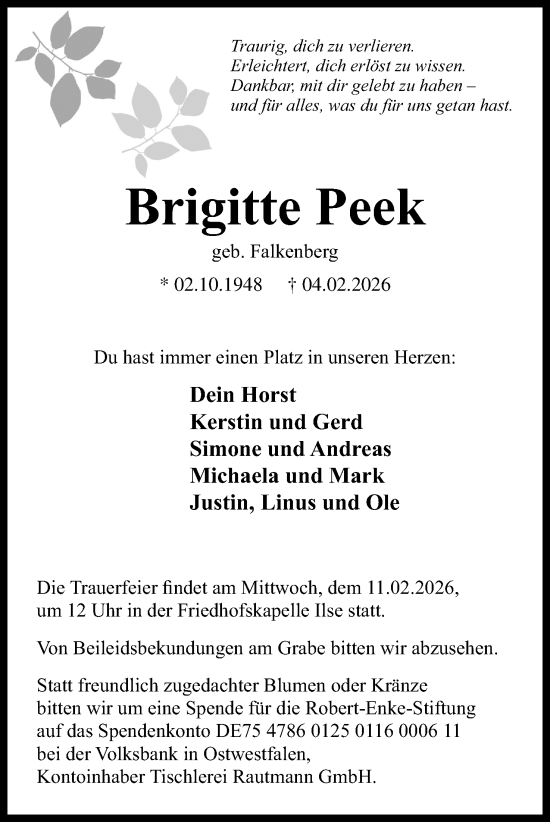 Anzeige von Brigitte Peek von Mindener Tageblatt