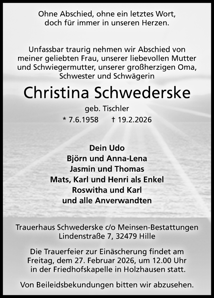  Traueranzeige für Christina Schwederske vom 24.02.2026 aus Mindener Tageblatt