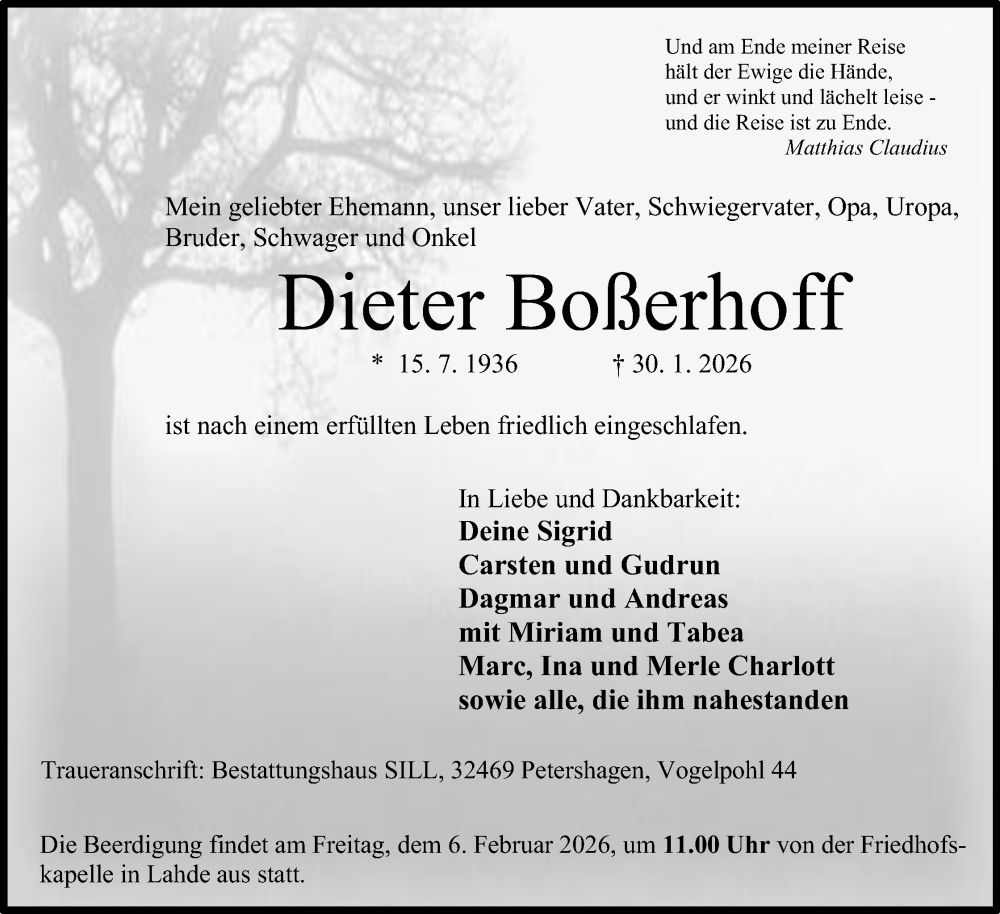  Traueranzeige für Dieter Boßerhoff vom 03.02.2026 aus Mindener Tageblatt